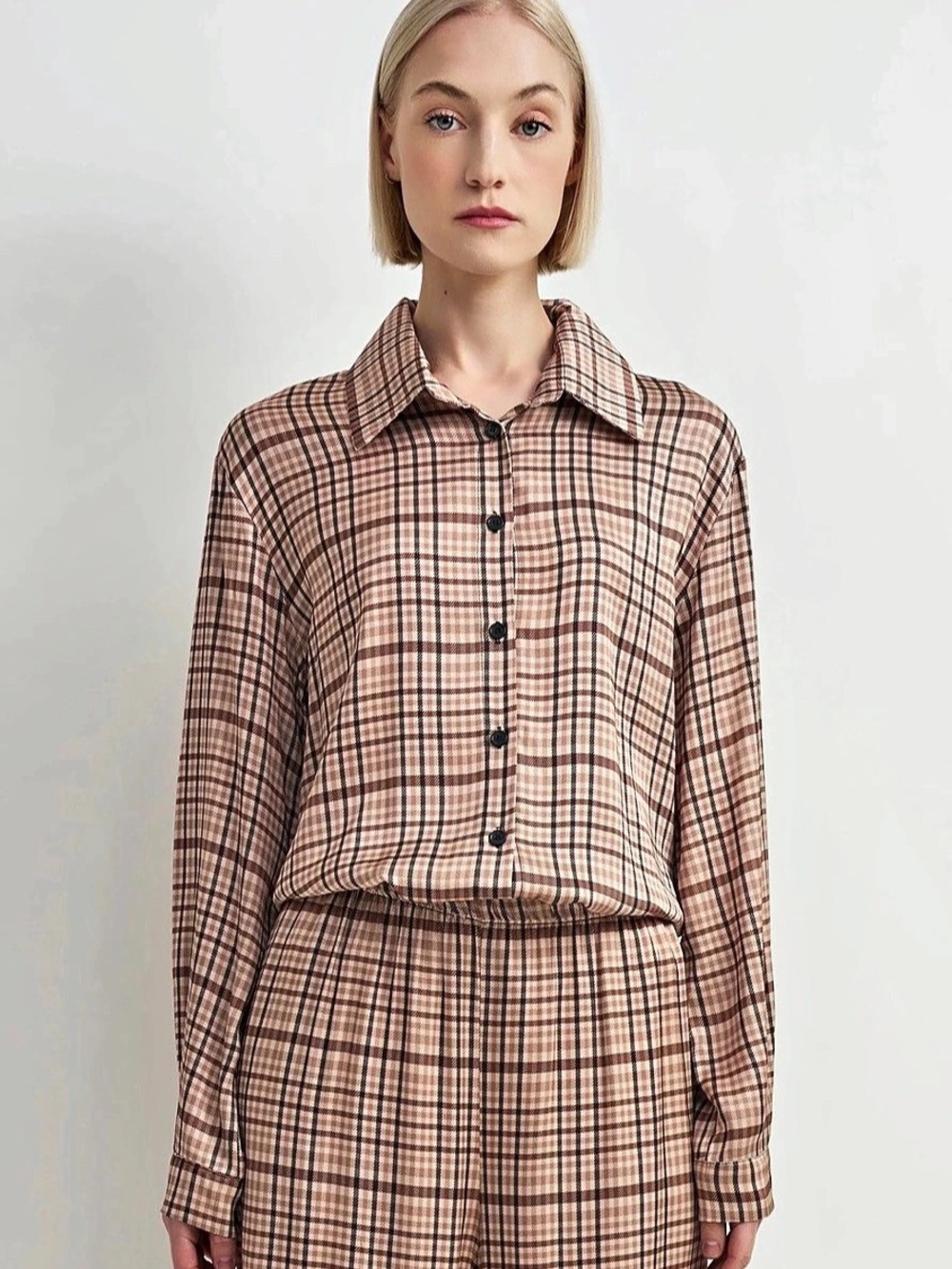 ASTRID Plaid Button Down Shirt in Brown & Pink Like New Msrp $140